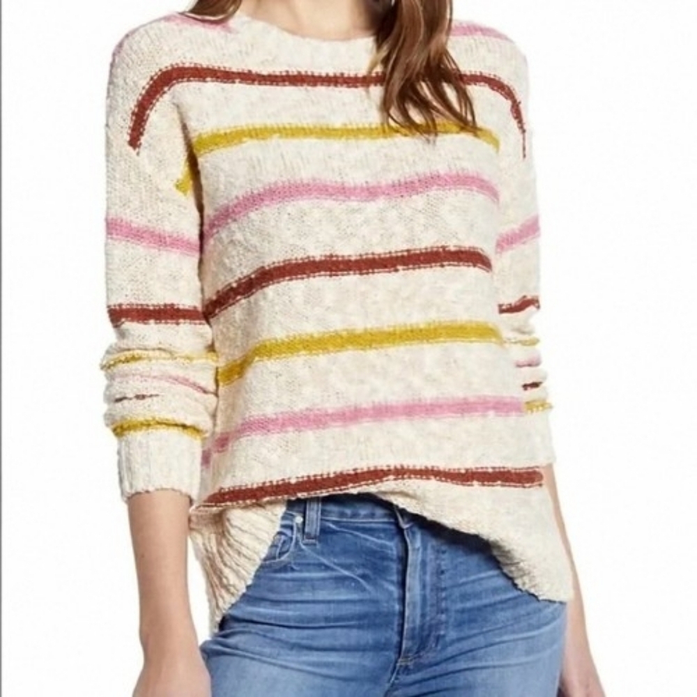 Caslon Slub Knit Cotton Blend Striped Crew Neck Long Sleeve Sweater Large